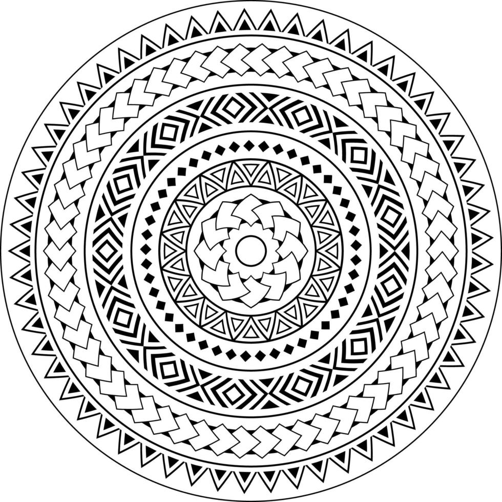 diseño tribal del vector del ornamento de la mandala, patrón geométrico del estilo del tatuaje hawaiano en blanco y negro. Ilustración de mandala boho, diseño monocromático inspirado en el arte tradicional