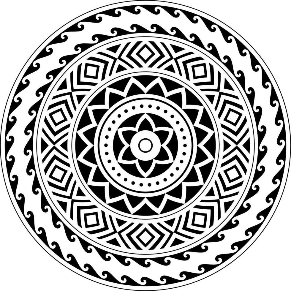 vector de mandala tribal, mandala polinesio tribal circular abstracto, patrón de ornamento de vector de estilo hawaiano polinesio geométrico