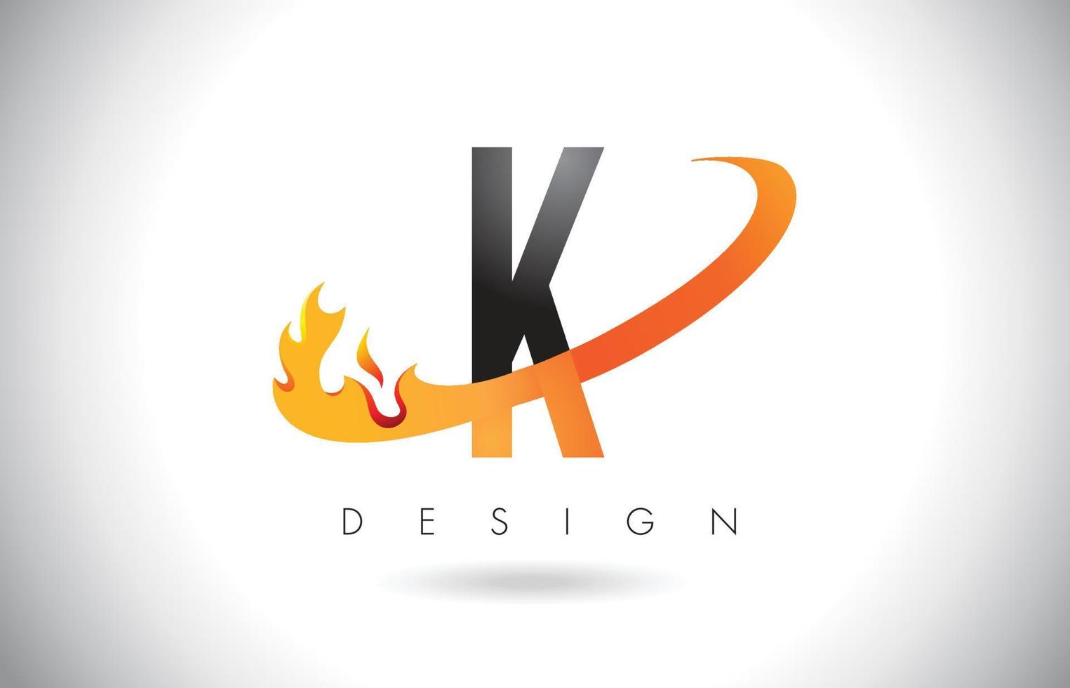 Logo de letra k con diseño de llamas de fuego y swoosh naranja. vector