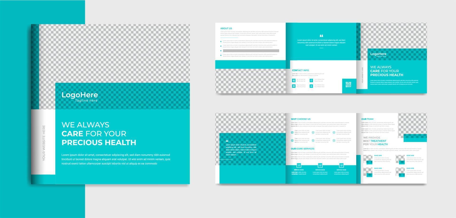 Square trifold medical brochure design template layout, green minimal shapes for checkup, treatment, clinic, hospital purpose vector