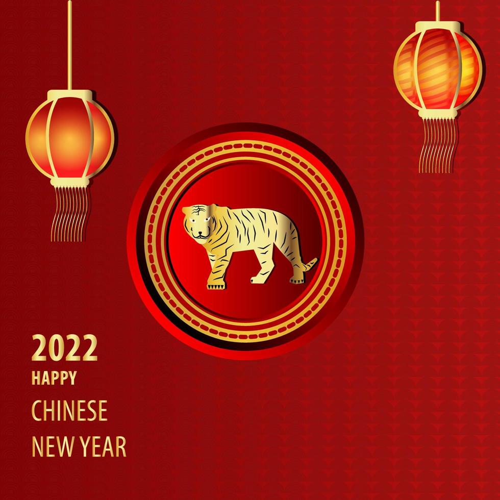 Chinese background for 2022 New Year. Vector illustration.gold chandelier, with tiger icon in the middle on Red Background.