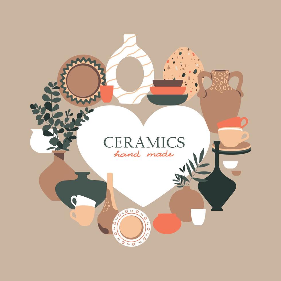 Handmade ceramic. Set of dishes, colorful plates, bowls, ceramic vases vector