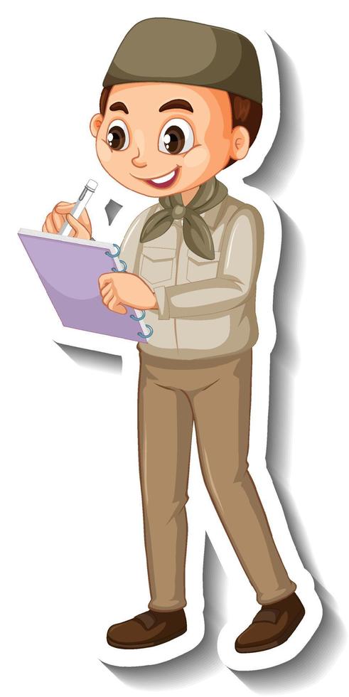 Muslim boy in safari outfit cartoon character sticker vector