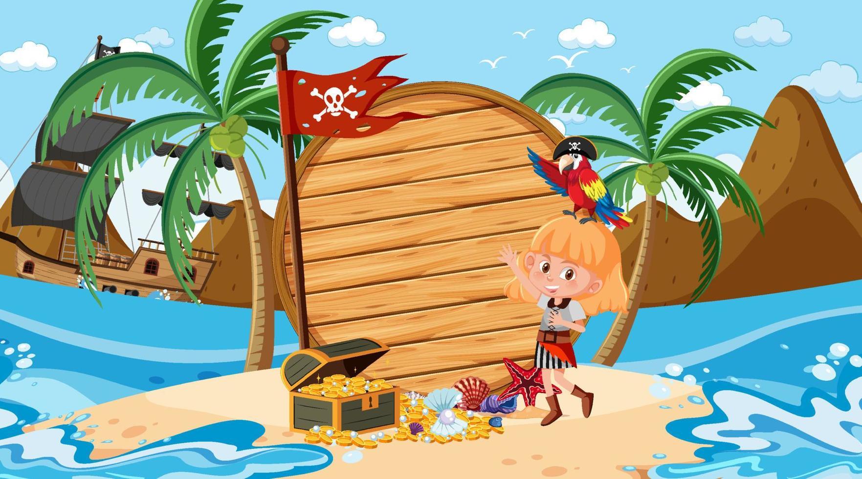 Pirate girl at the beach daytime scene with an empty banner template vector