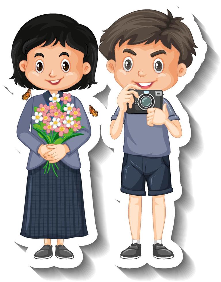 Couple kids in love cartoon sticker vector