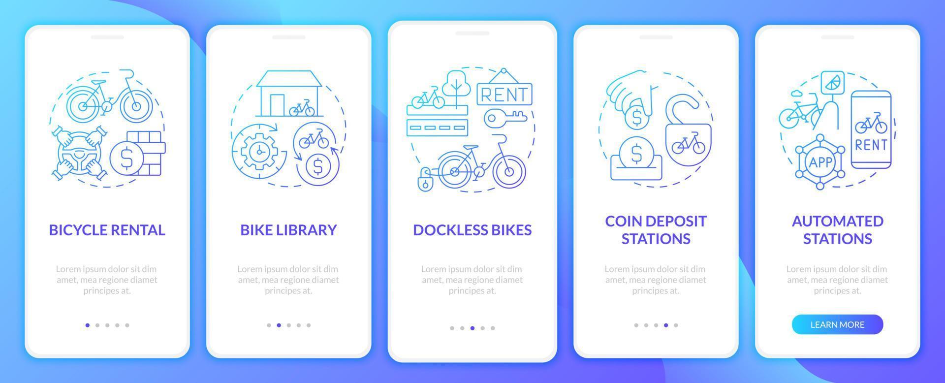 servicios de bicicletas compartidas que incorporan la pantalla de la página de la aplicación móvil. Tutorial de bicicletas sin muelle Instrucciones gráficas de 5 pasos con conceptos. ui, ux, plantilla de vector de interfaz gráfica de usuario con ilustraciones en color lineal