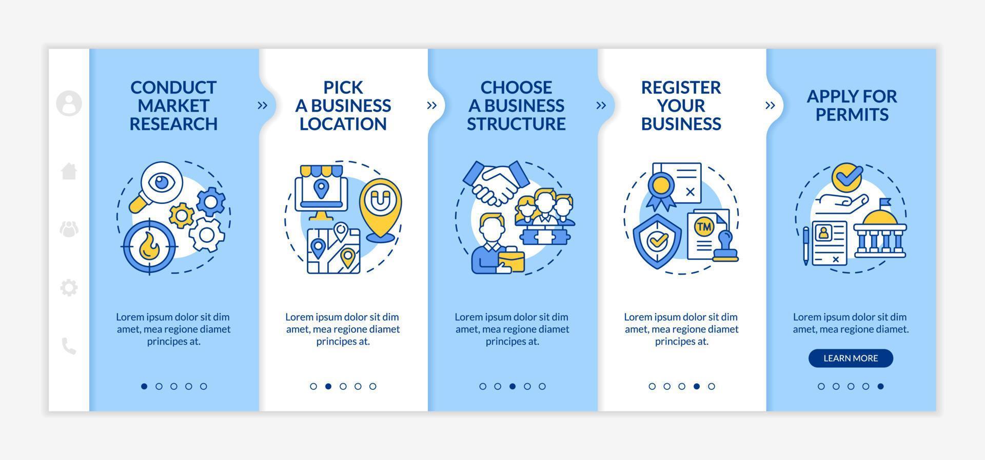 Startup boosting tips onboarding vector template. Apply for permits. Responsive mobile website with icons. Web page walkthrough 5 step screens. Small business color concept with linear illustrations