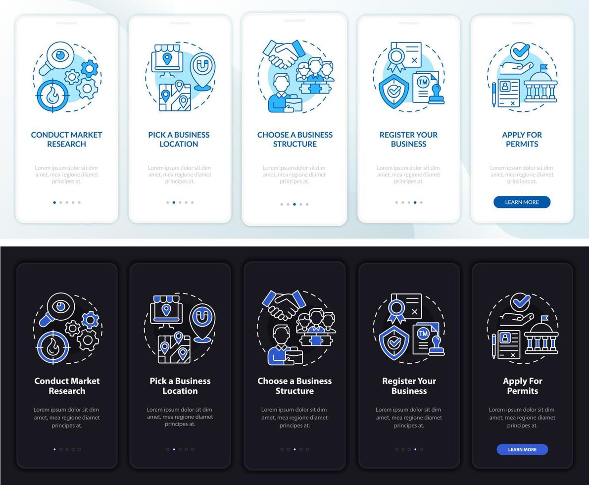 consejos de desarrollo empresarial para la incorporación de la pantalla de la página de la aplicación móvil. tutorial de inicio 5 pasos instrucciones gráficas con conceptos. ui, ux, plantilla de vector de interfaz gráfica de usuario con ilustraciones lineales en modo día y noche