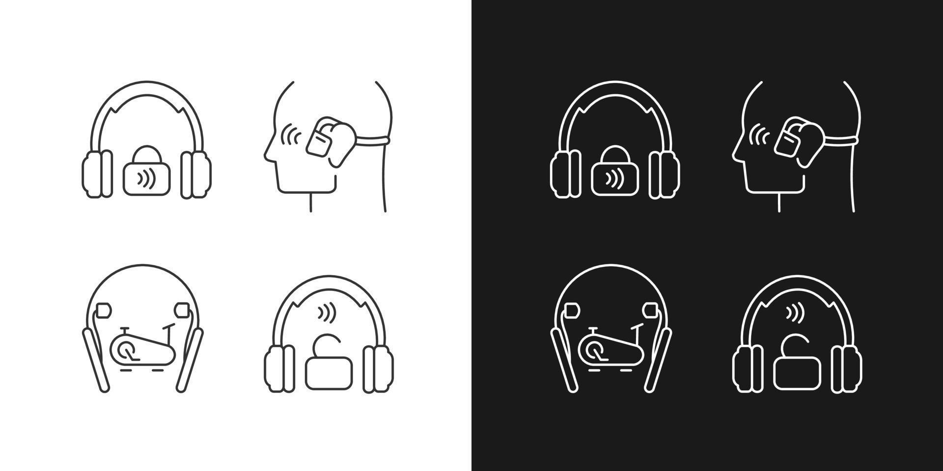 Wireless headphones linear icons set for dark and light mode. Professional on ear headset. Handsfree device. Customizable thin line symbols. Isolated vector outline illustrations. Editable stroke