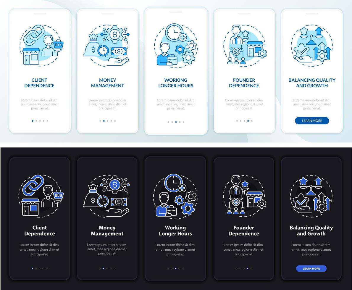 consejos de organización empresarial incorporación de la pantalla de la página de la aplicación móvil. Tutorial del proyecto Instrucciones gráficas de 5 pasos con conceptos. ui, ux, plantilla de vector de interfaz gráfica de usuario con ilustraciones lineales en modo día y noche