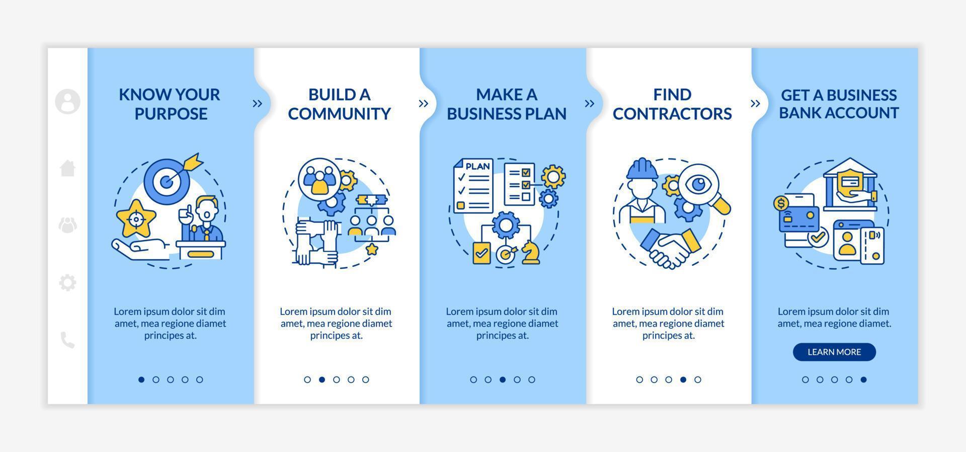 Small business launching tips onboarding vector template. Responsive mobile website with icons. Web page walkthrough 5 step screens. Startup color concept with linear illustrations