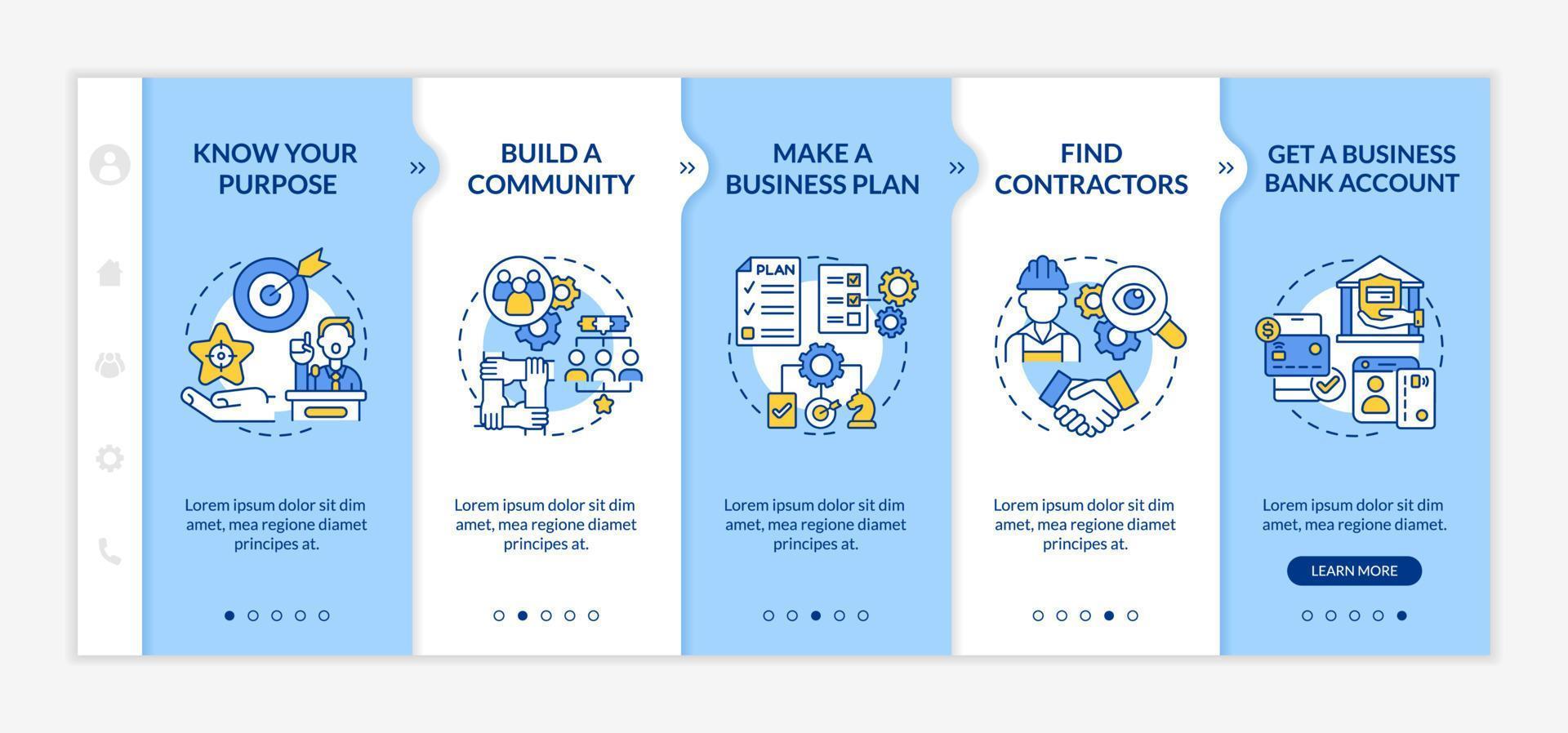 Plantilla de vector de incorporación de consejos de lanzamiento de pequeñas empresas. sitio web móvil receptivo con iconos. Tutorial de la página web Pantallas de 5 pasos. concepto de color de inicio con ilustraciones lineales