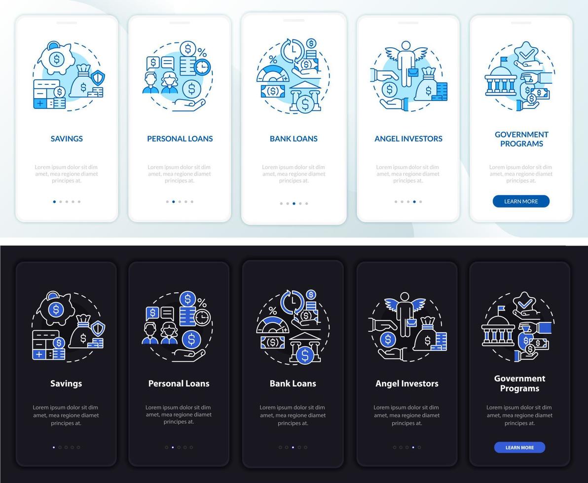 Business financial tips onboarding mobile app page screen. Startup walkthrough 5 steps graphic instructions with concepts. UI, UX, GUI vector template with linear night and day mode illustrations