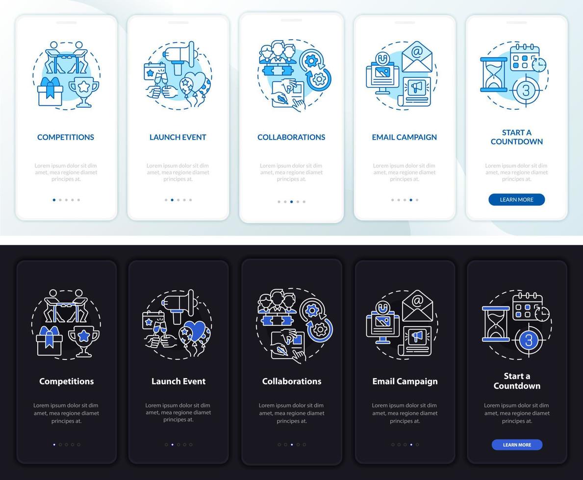 Attracting customers to product tips onboarding mobile app page screen. Walkthrough 5 steps graphic instructions with concepts. UI, UX, GUI vector template with linear night and day mode illustrations