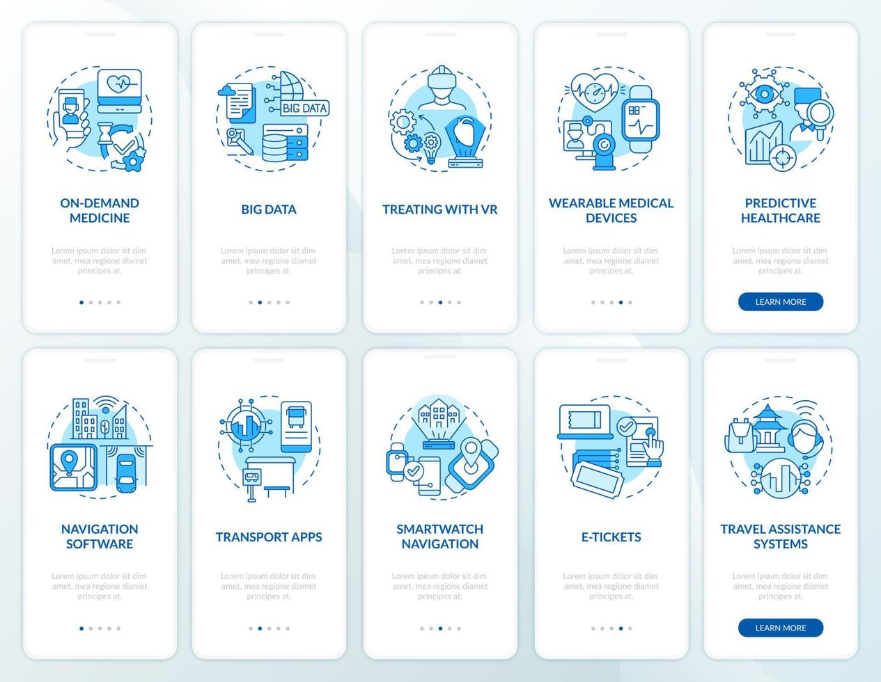 Public services digitalization process onboarding mobile app page screen set. Tech walkthrough 5 steps graphic instructions with concepts. UI, UX, GUI vector template with linear color illustrations