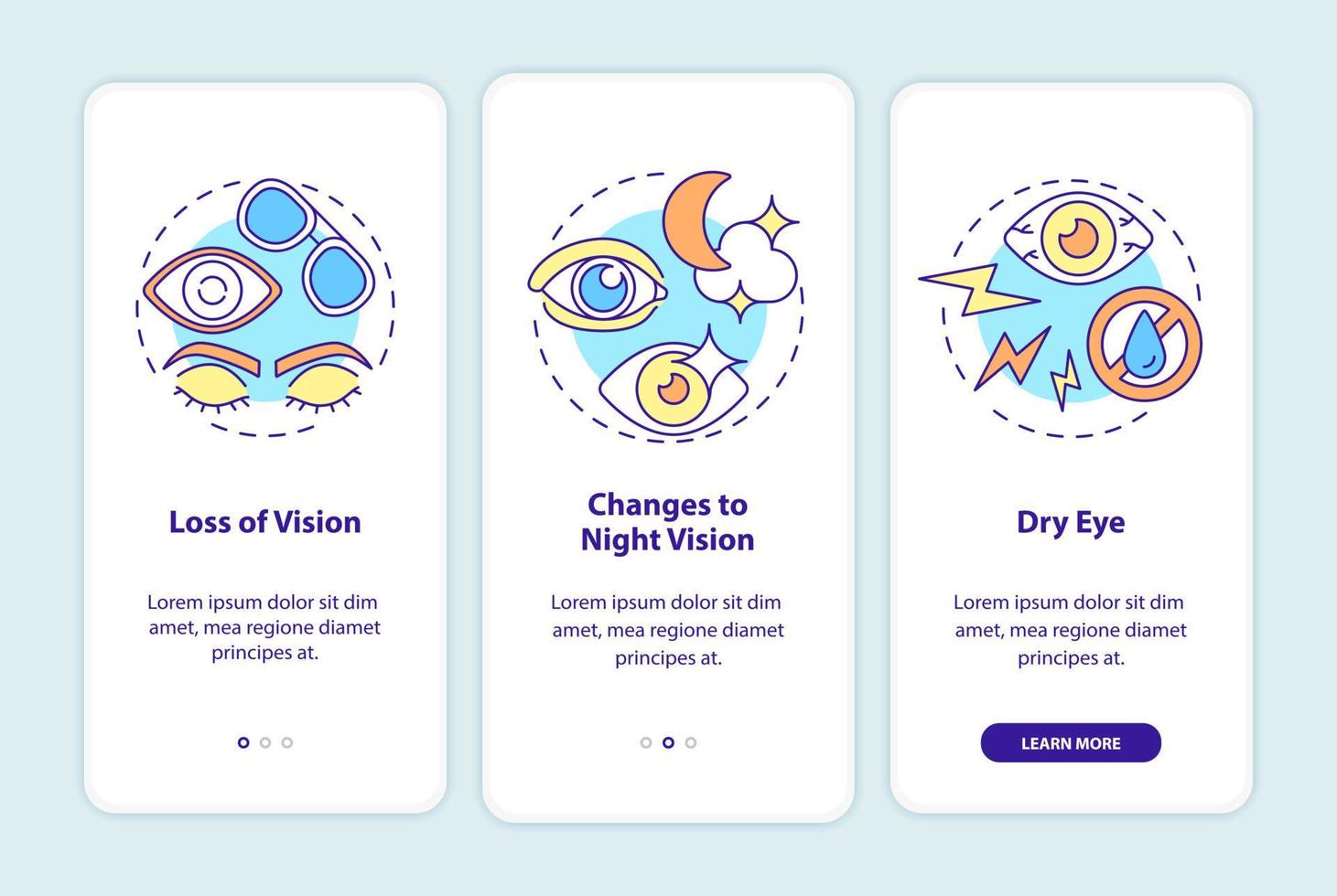 Side effects onboarding mobile app page screen. Eye surgery risks walkthrough 3 steps graphic instructions with concepts. UI, UX, GUI vector template with linear color illustrations