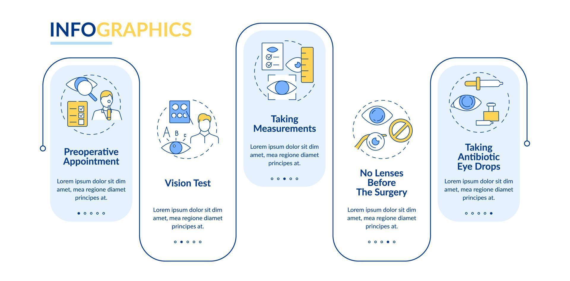 Eyesight surgery vector infographic template. Vision check presentation outline design elements. Data visualization with 5 steps. Process timeline info chart. Workflow layout with line icons