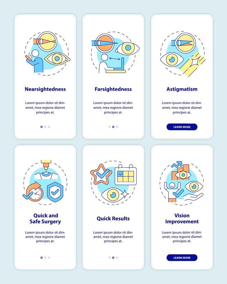 Problems to treat with the laser onboarding mobile app page screen set. Surgery walkthrough 6 steps graphic instructions with concepts. UI, UX, GUI vector template with linear color illustrations
