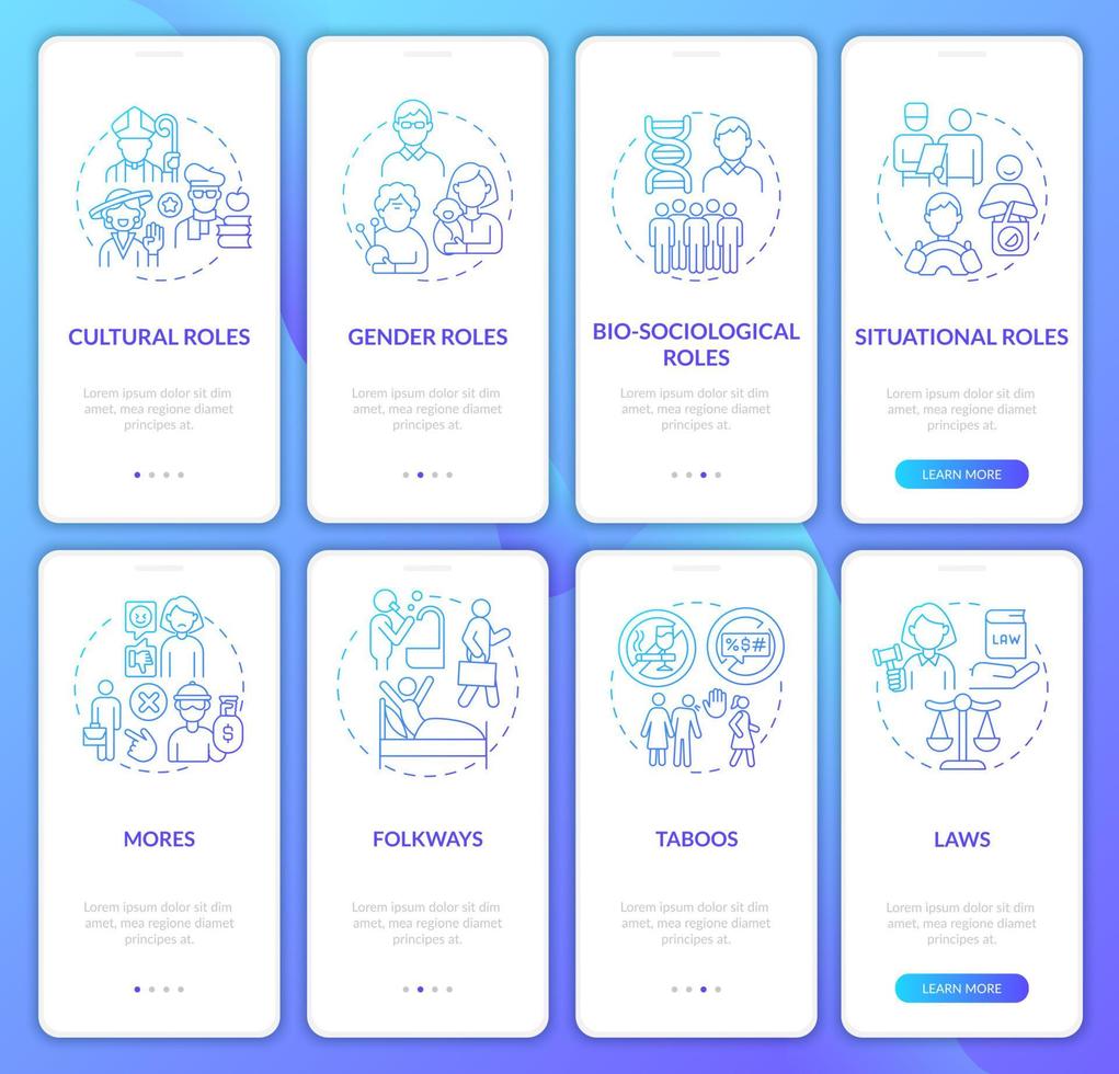 Roles and norms blue gradient set onboarding mobile app page screen. Social function walkthrough 8 steps graphic instructions with concepts. UI, UX, GUI vector template with linear color illustrations