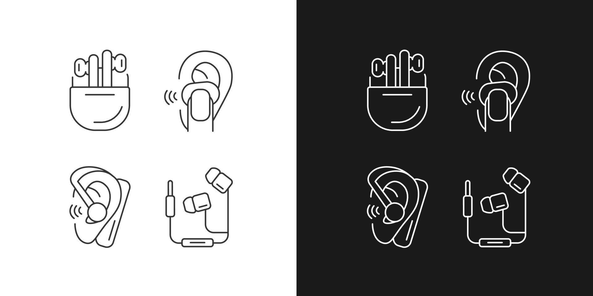 Compact in ear earphones linear icons set for dark and light mode. Small earpieces for listening music. Customizable thin line symbols. Isolated vector outline illustrations. Editable stroke