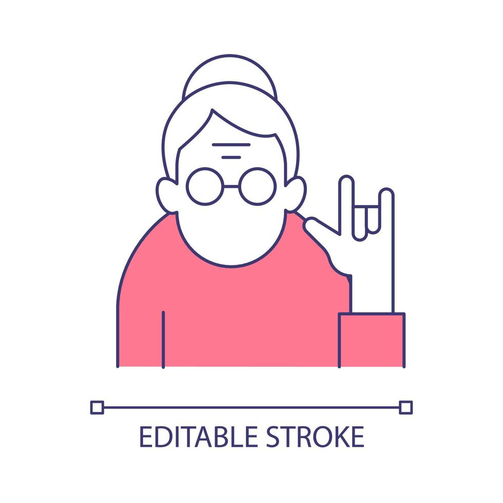 Old woman show love you gesture RGB color icon. Role conflict in society. Unexpected hand sign from grandmother, senior person. Isolated vector illustration. Simple filled line drawing