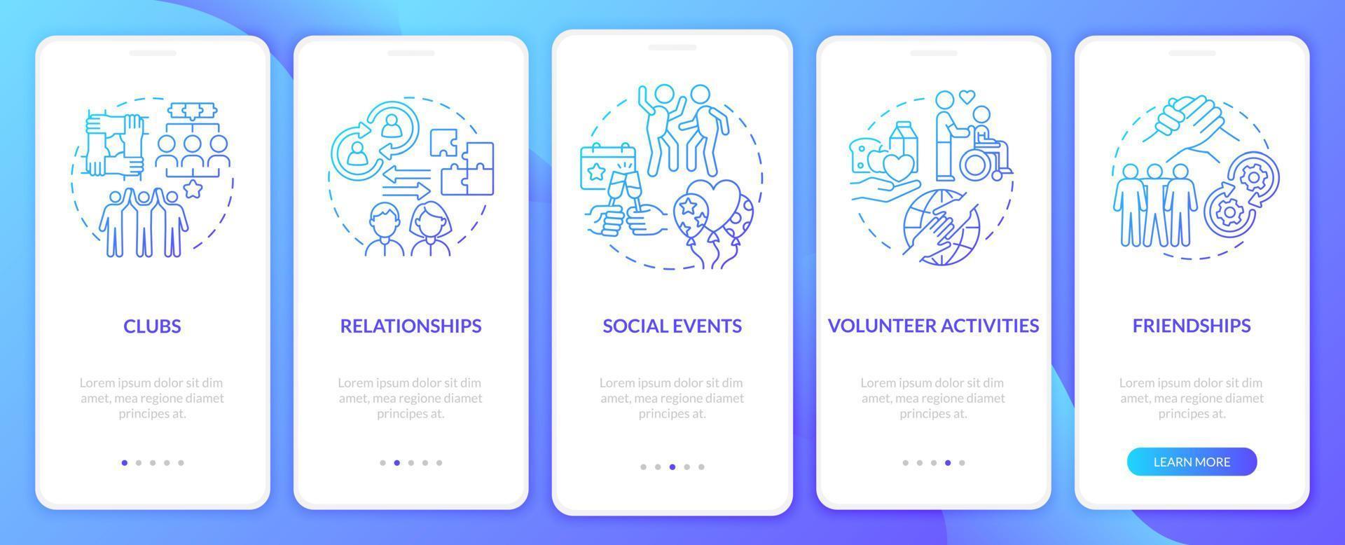 Participation examples blue gradient onboarding mobile app page screen. Activity walkthrough 4 steps graphic instructions with concepts. UI, UX, GUI vector template with linear color illustrations