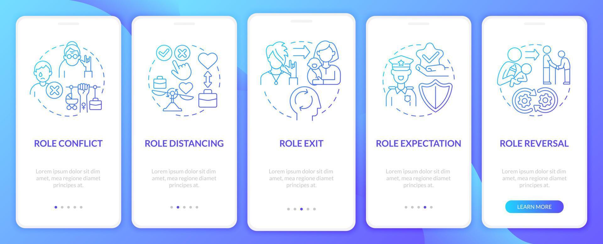 Social role action blue gradient concept onboarding mobile app page screen. Function walkthrough 4 steps graphic instructions with concepts. UI, UX, GUI vector template with linear color illustrations
