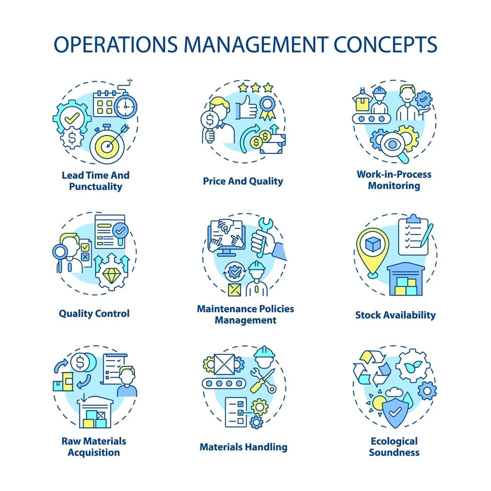 Operations management concept icons set. Lead time, punctuality. Price and quality. Production efficiency control idea thin line color illustrations. Vector isolated outline drawings. Editable stroke