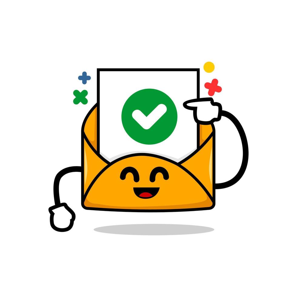 safe email concept. isolated cute mail cartoon face pointing on green checked mail vector illustration