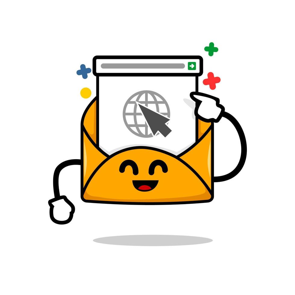 web page redirect email concept. isolated cute mail cartoon face pointing on a web page vector illustration
