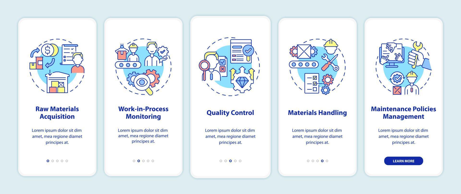 Operations managers duties onboarding mobile app page screen. Business walkthrough 5 steps graphic instructions with concepts. UI, UX, GUI vector template with linear color illustrations