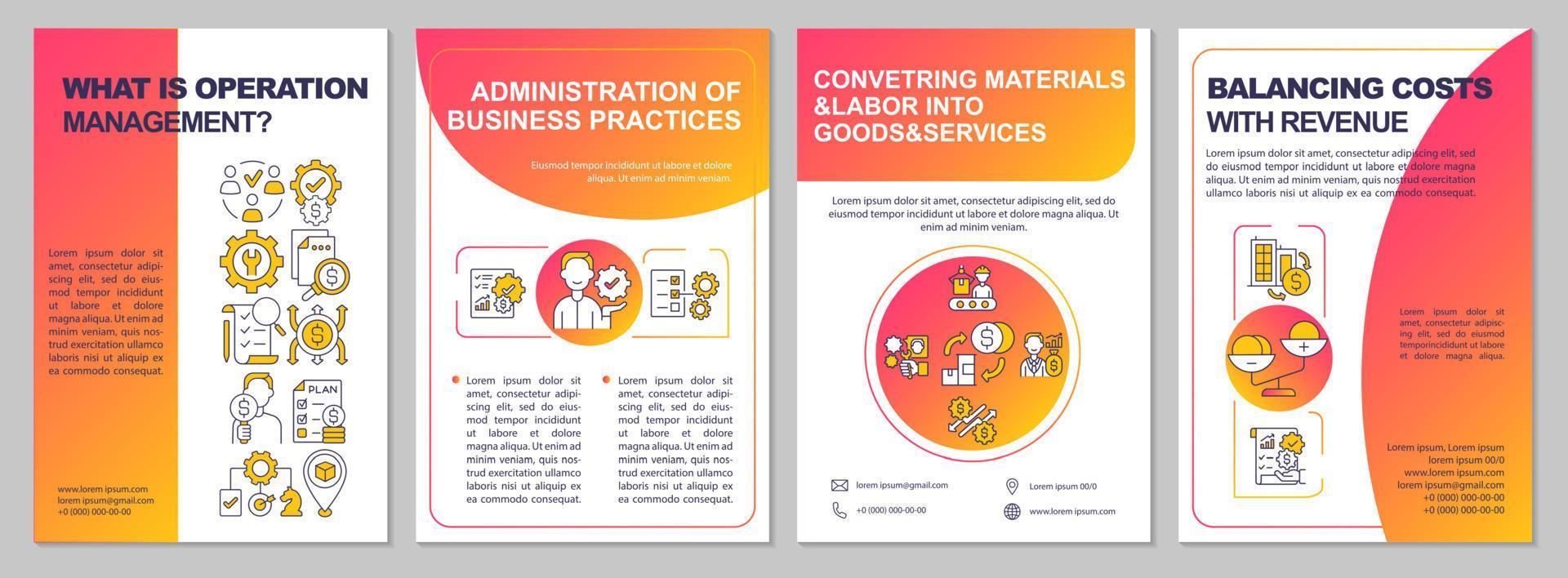 What is operations management red brochure template. Flyer, booklet, leaflet print, cover design with linear icons. Vector layouts for presentation, annual reports, advertisement pages