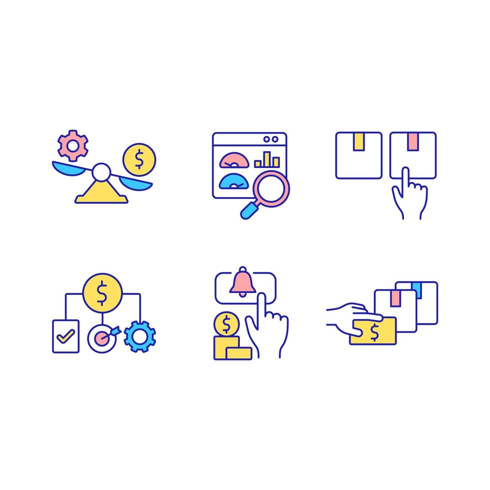 Conjunto de iconos de color rgb de comercio empresarial. operaciones financieras en beneficio de la empresa. fijación de precios. estrategia económica. ilustraciones vectoriales aisladas. colección de dibujos de líneas rellenas simples vector