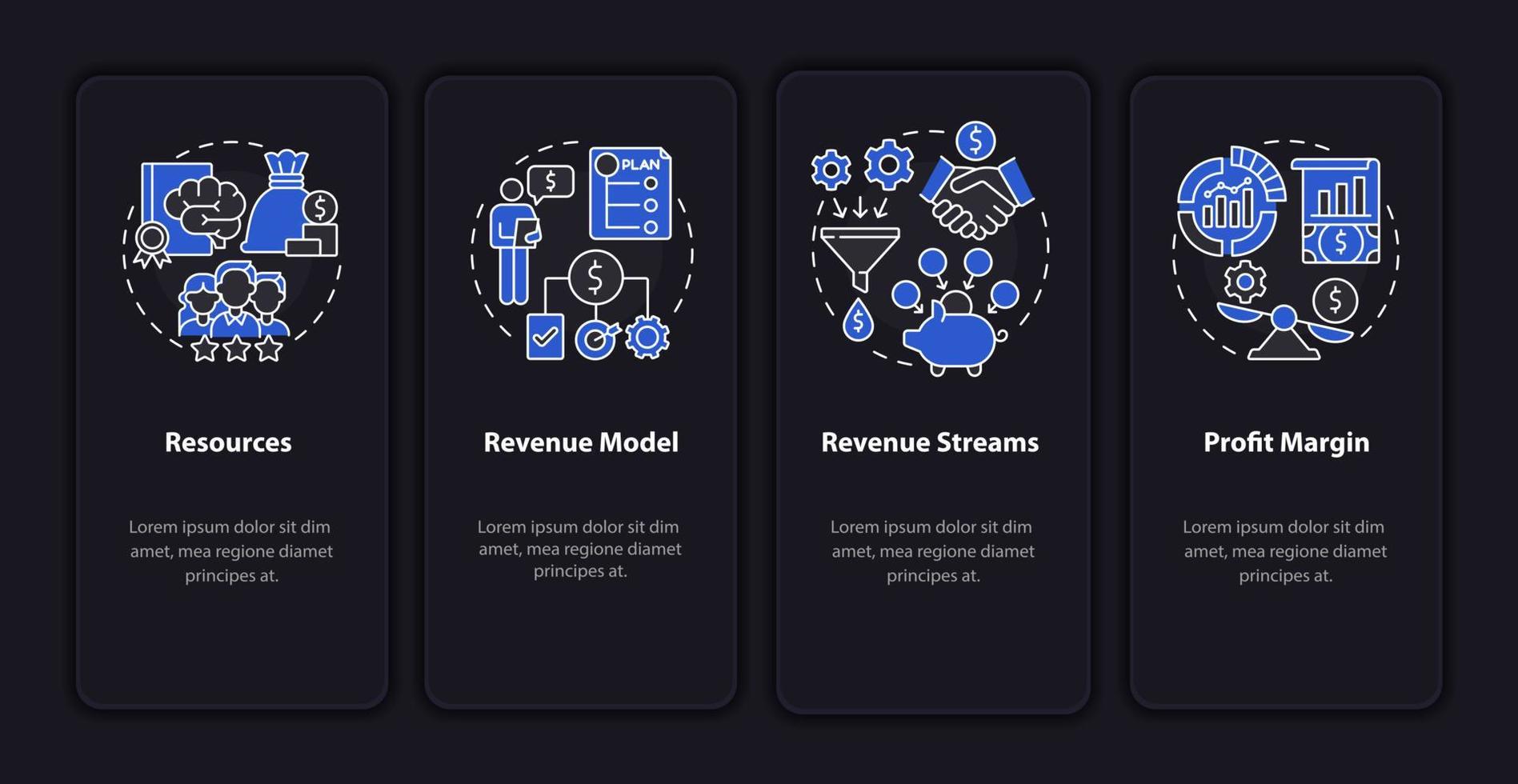Business model essentials black onboarding mobile app page screen. Company finance walkthrough 4 steps graphic instructions with concepts. UI, UX, GUI vector template with night mode illustrations