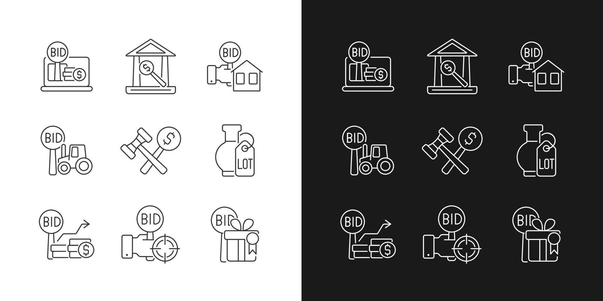 tipos de iconos lineales de negociación establecidos para el modo oscuro y claro. Casa de Subastas. licitación de equipos agrícolas. símbolos de línea fina personalizables. ilustraciones de contorno de vector aislado. trazo editable