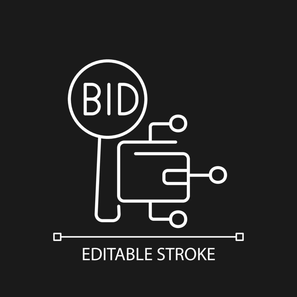 Cryptocurrency auction linear icon for dark theme. Crypto currency bidding and trading. Thin line customizable illustration. Isolated vector contour symbol for night mode. Editable stroke