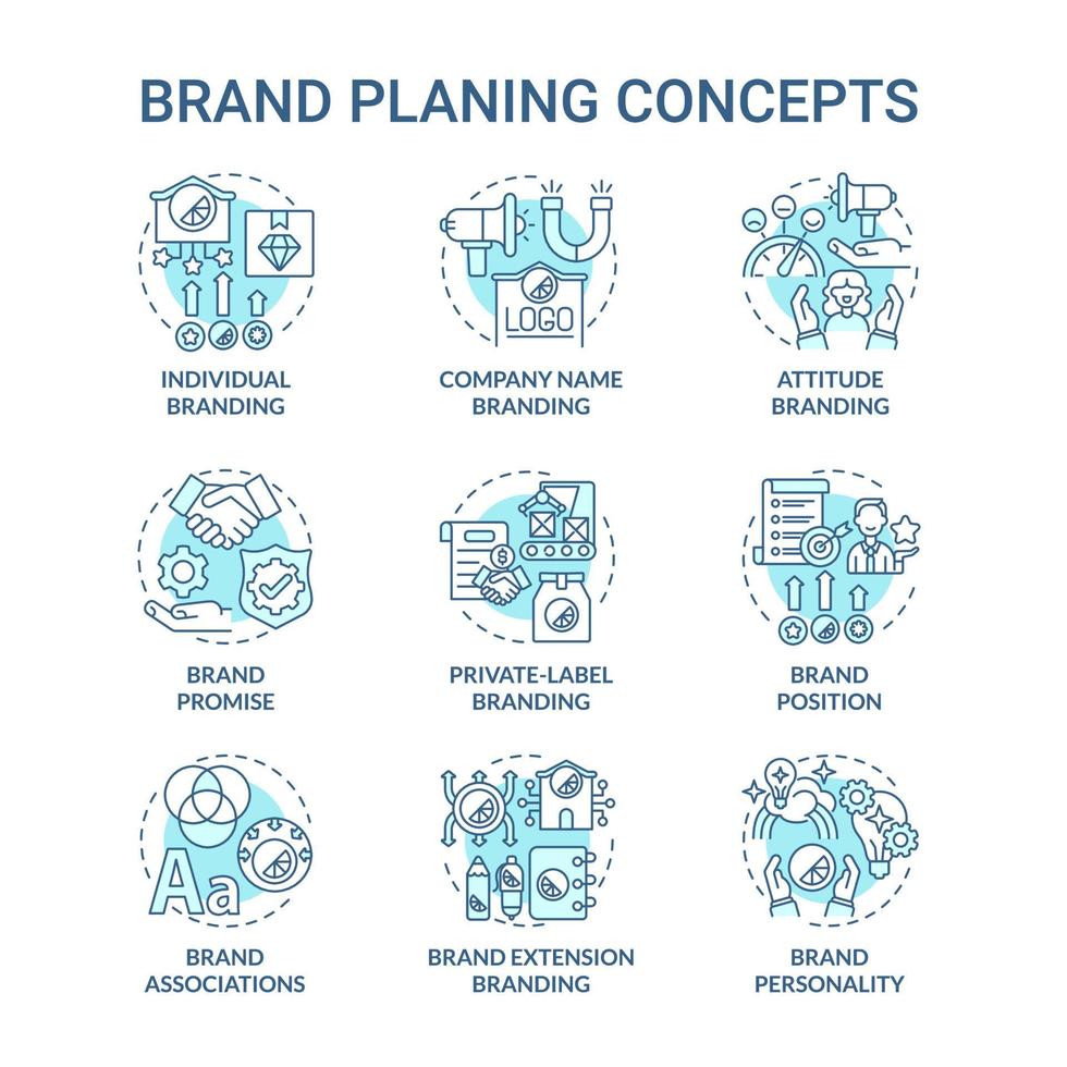 Brand planning blue concept icons set. Marketing strategy. Service promotion. Customer experience. Business value idea thin line color illustrations. Vector isolated outline drawings. Editable stroke