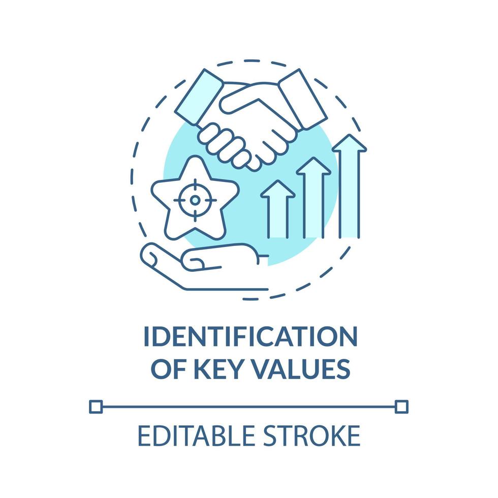 identificación de valores clave icono azul del concepto. desarrollo de negocios. mejorar el servicio. Ilustración de línea fina de idea abstracta de planificación de marca. dibujo de color de contorno aislado vectorial. trazo editable vector