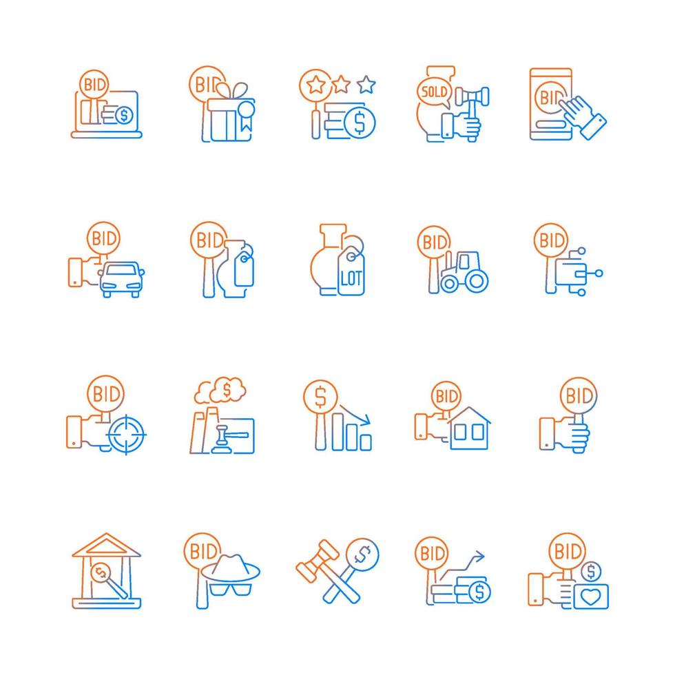 Auction gradient linear vector icons set. Competitive bargaining. Bidding for item. Public sales. Selling property, antique. Thin line contour symbols bundle. Isolated outline illustrations collection