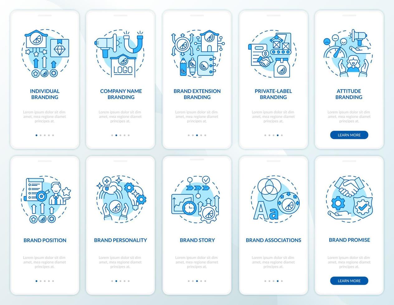 Brand planning blue onboarding mobile app page screen set. Business strategy walkthrough 5 steps graphic instructions with concepts. UI, UX, GUI vector template with linear color illustrations