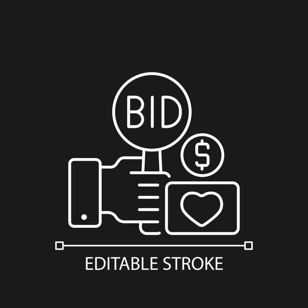 Charity auction linear icon for dark theme. Fundraising event. Public sales. Bargaining. Thin line customizable illustration. Isolated vector contour symbol for night mode. Editable stroke