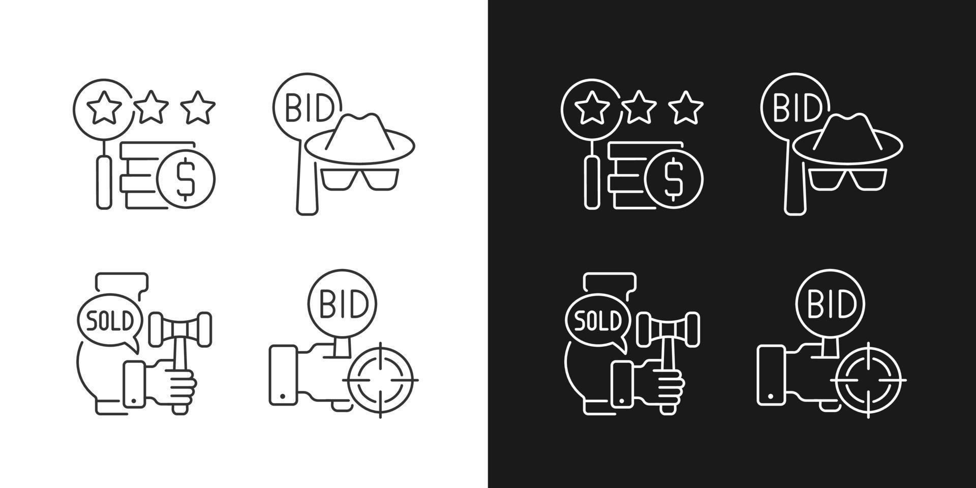 Auction components linear icons set for dark and light mode. Silent bidding. Auction sniping. Appraisal process. Customizable thin line symbols. Isolated vector outline illustrations. Editable stroke