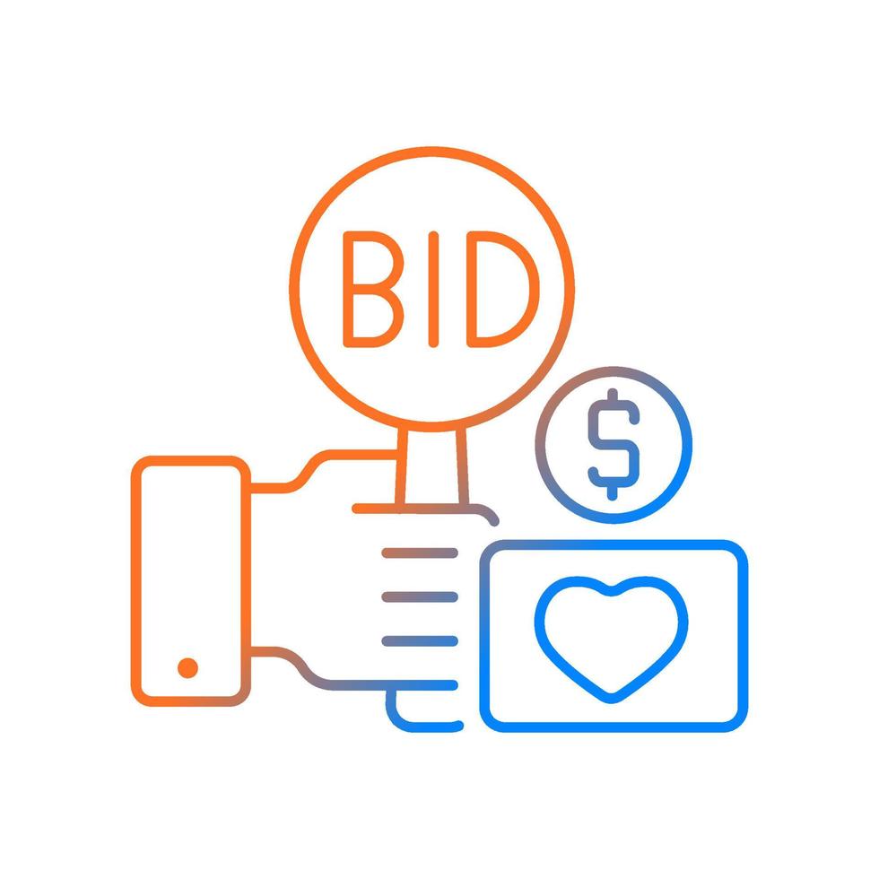 Charity auction gradient linear vector icon. Fundraising event. Bidding for experimental assets. Public sales. Thin line color symbol. Modern style pictogram. Vector isolated outline drawing