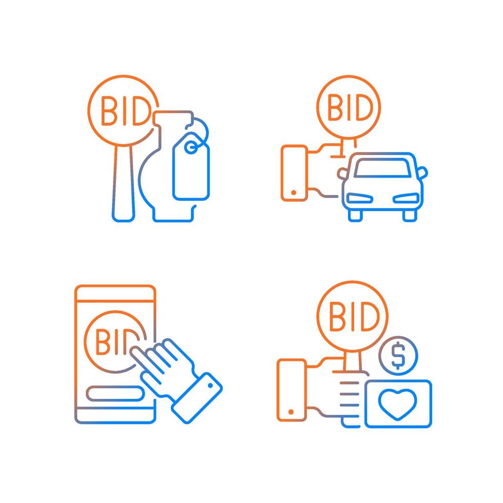 Auction items gradient linear vector icons set. Art objects and vehicle selling. Online app for bargaining. Charity auction. Thin line contour symbols bundle. Isolated outline illustrations collection
