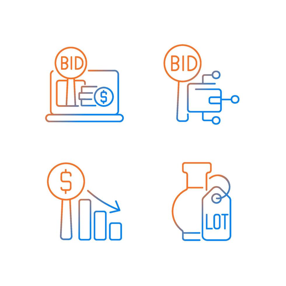 Electronic auctioning gradient linear vector icons set. Online bargaining. Dutch auction. Bidding for fine art objects. Thin line contour symbols bundle. Isolated outline illustrations collection