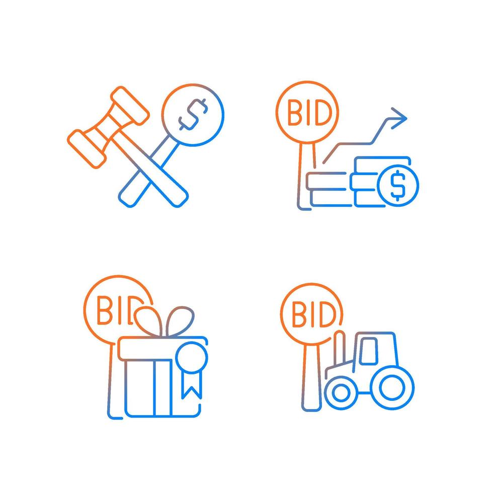 Agriculture auction components gradient linear vector icons set. Bidding increments. Auction winner. Farm equipment selling. Thin line contour symbols bundle. Isolated outline illustrations collection