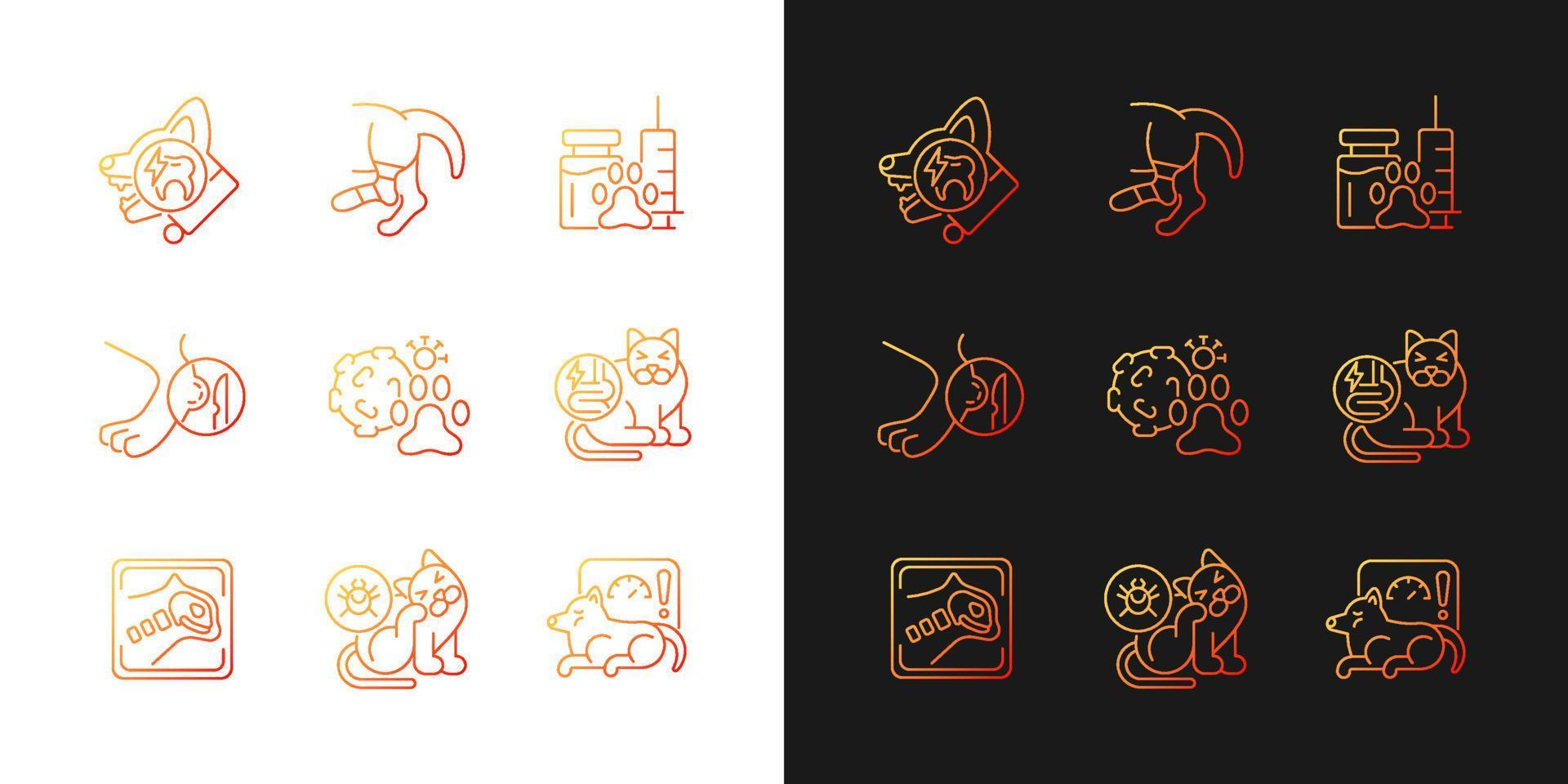 Pet physical injuries gradient icons set for dark and light mode. Domestic animal disease. Thin line contour symbols bundle. Isolated vector outline illustrations collection on black and white