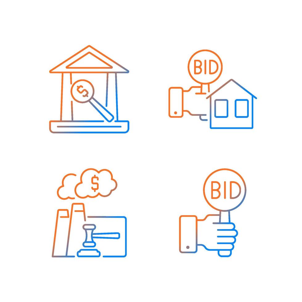 Bargaining for property gradient linear vector icons set. Real estate selling. Emission auction. Auction house. Bidding. Thin line contour symbols bundle. Isolated outline illustrations collection