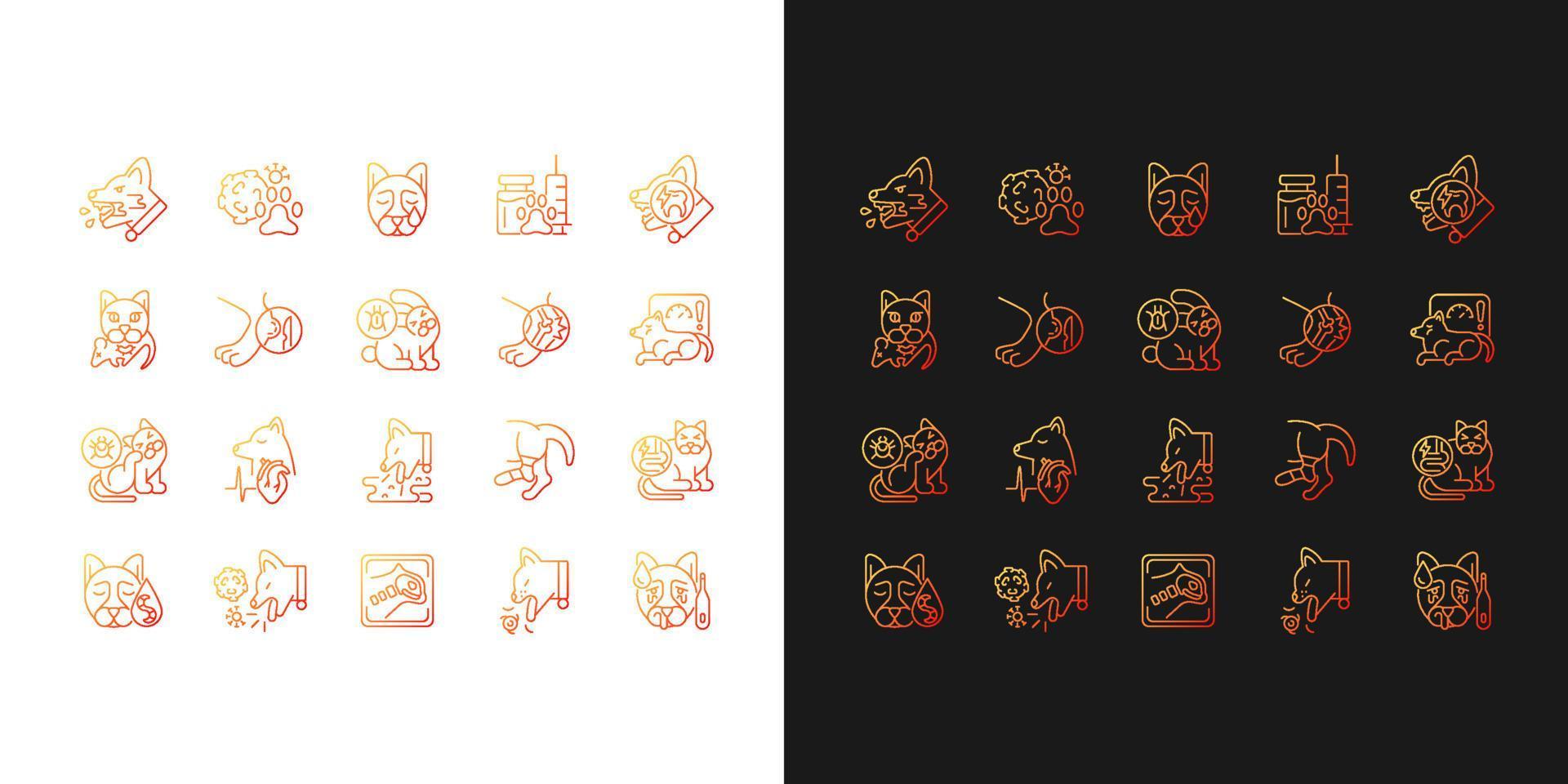 Pet disease gradient icons set for dark and light mode. Veterinary examination and treatment. Thin line contour symbols bundle. Isolated vector outline illustrations collection on black and white