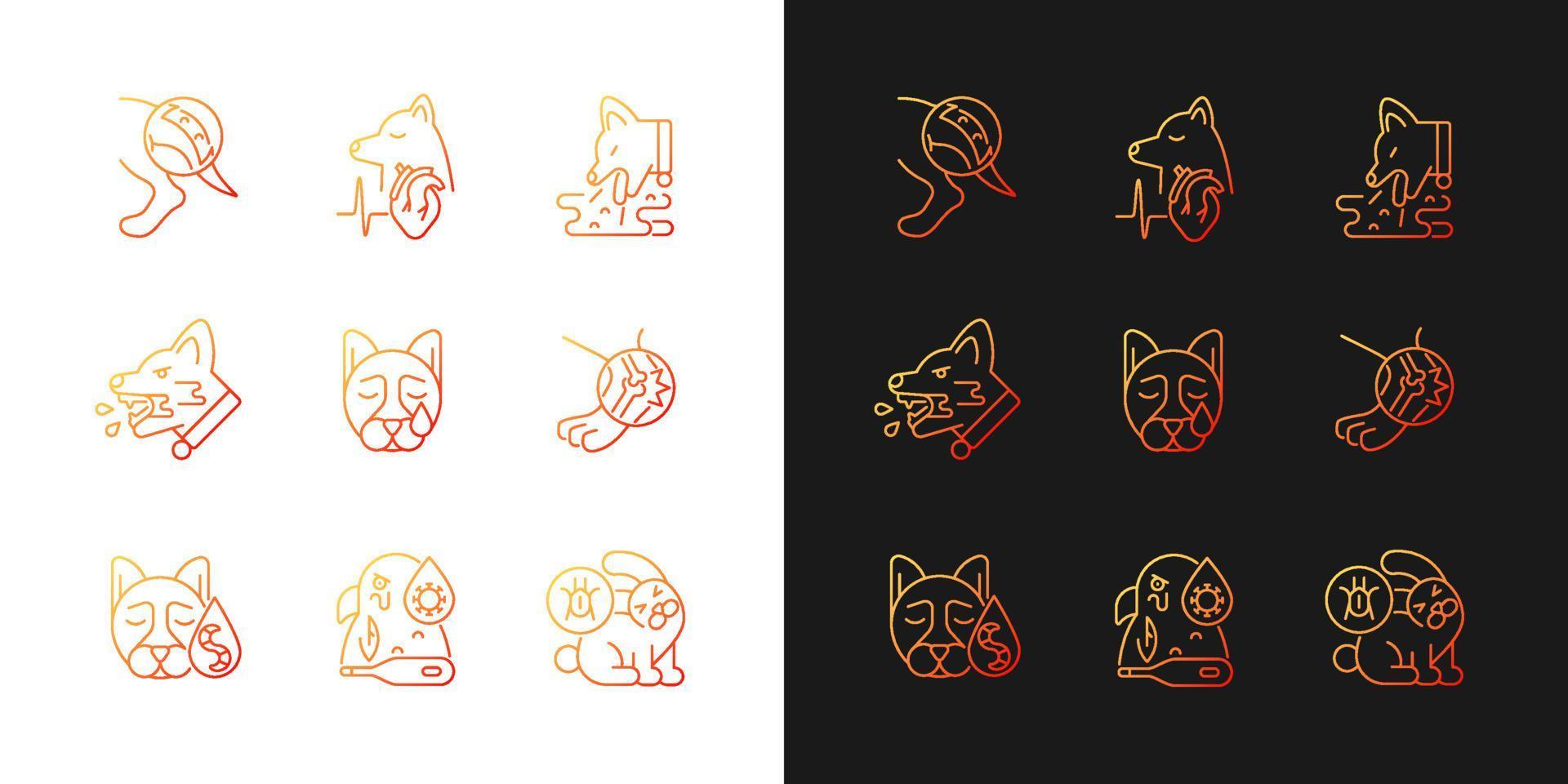 Domestic animal disease gradient icons set for dark and light mode. Pet health problems. Thin line contour symbols bundle. Isolated vector outline illustrations collection on black and white